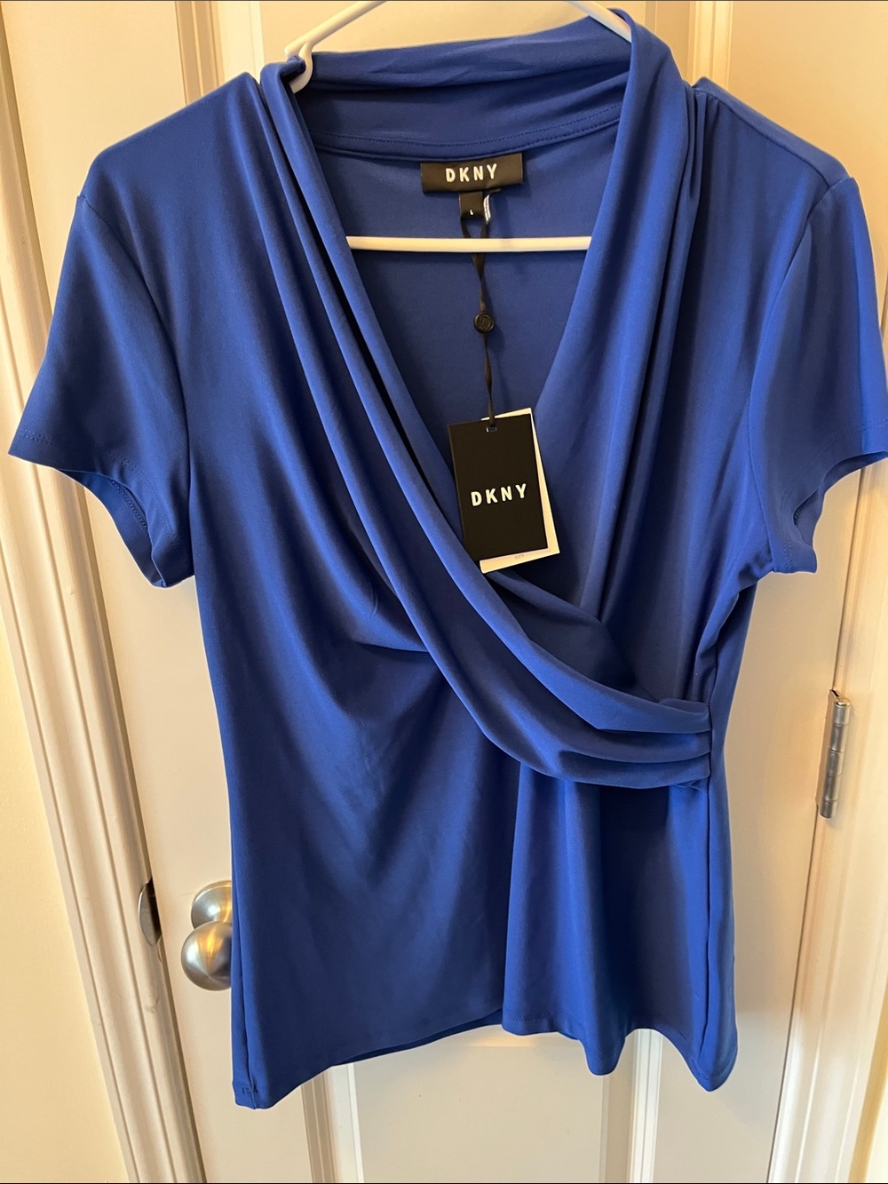 DKNY Cobalt Blue Short Sleeve Draped Wrap Blouse